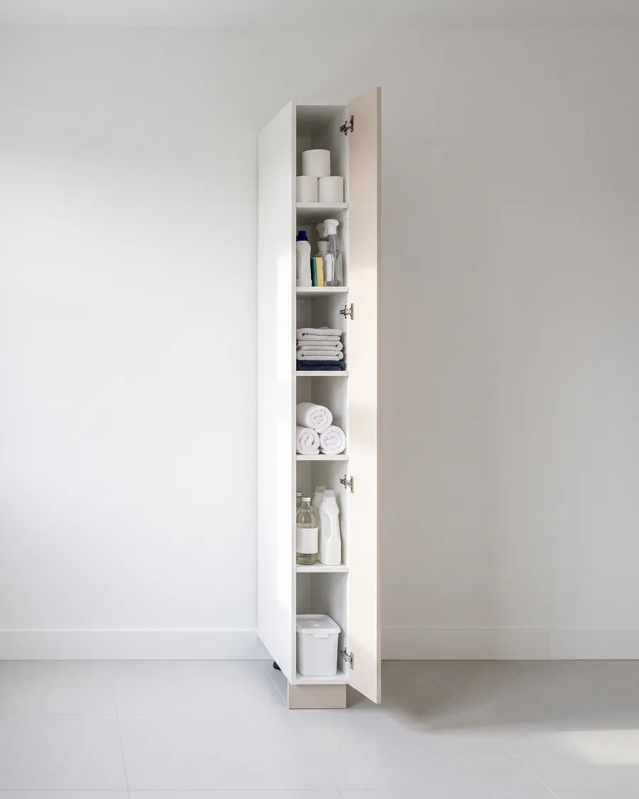 Kast van 20 cm met zandkleurige deur open: vijf schappen met wasmiddel, schoonmaakspullen, opgerolde handdoeken en wc-rollen.