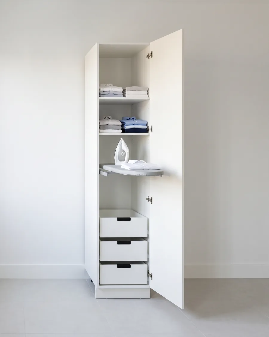 Kast van 45 cm met witte deur open: een uitgetrokken strijkplank met strijkijzer en overhemd, drie lades eronder en twee schappen met gevouwen overhemden erboven.