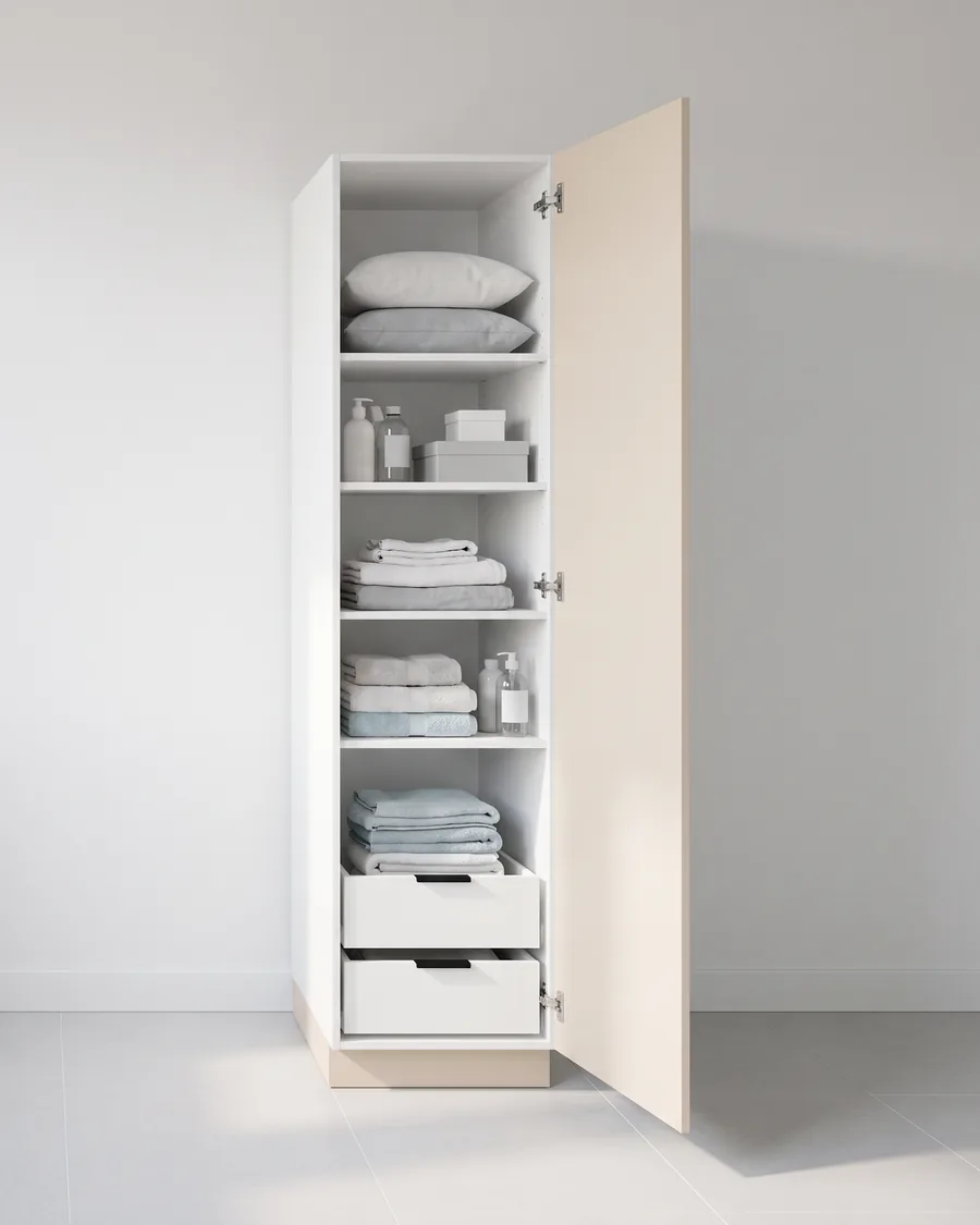 Kast van 50 cm met zandkleurige deur open als linnenkast: schappen met beddengoed en handdoeken in wit, grijs en lichtblauw, kussens bovenin en twee lades onderin.