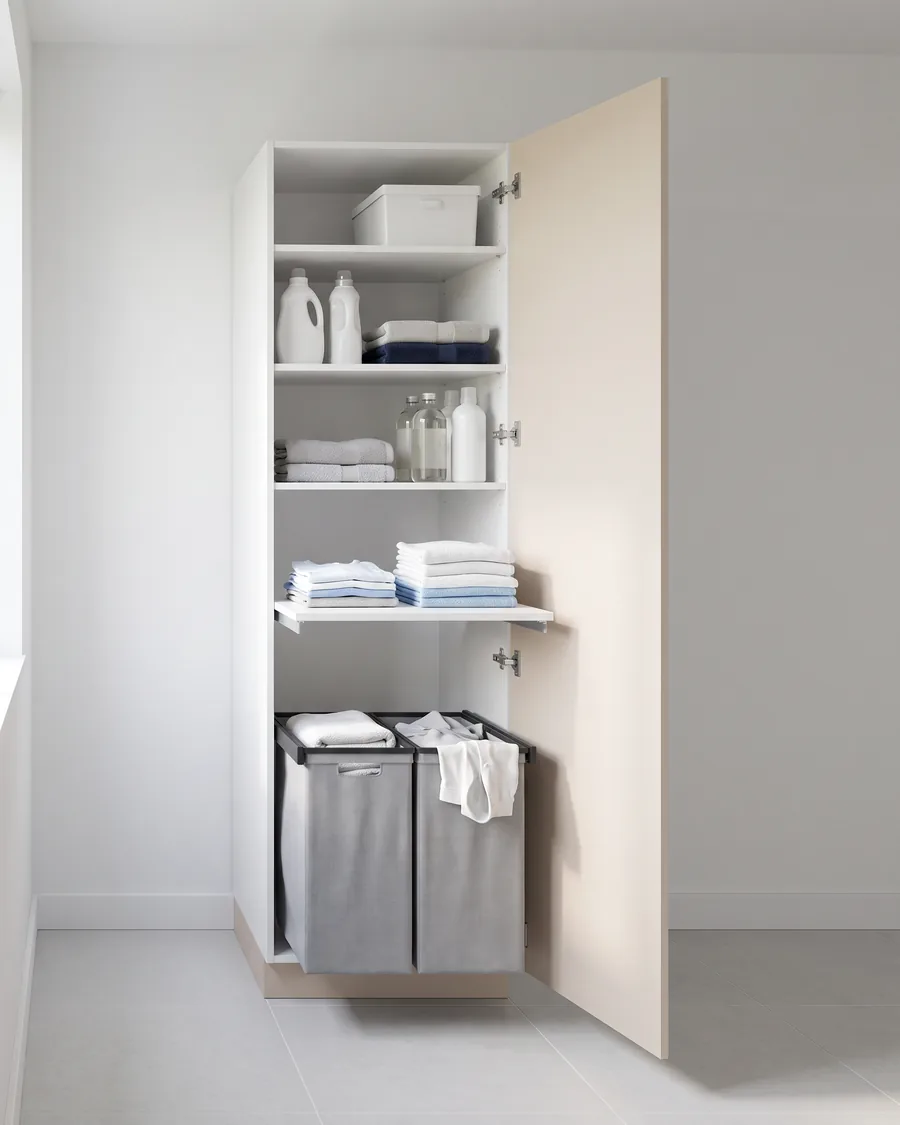 Kast van 60 cm met zandkleurige deur open: onderin een uitgetrokken wasmand met twee manden vol was, daarboven een uitgetrokken plateau met gevouwen was en drie schappen.