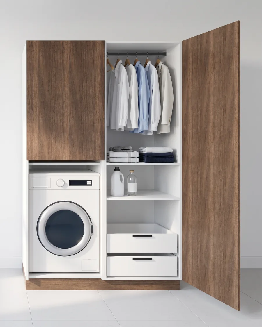 Wasmachinekast van 65 cm met walnoten fronten naast een even brede kast: links de wasmachine onder een dichte bovendeur, rechts overhemden aan een roede, schappen en twee lades.