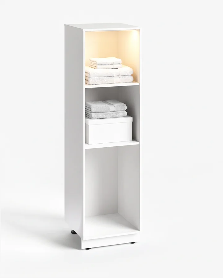 Witte kast van 60 cm zonder deur, met een brandende ledlijn onder het bovenblad. Het licht valt op gevouwen handdoeken.