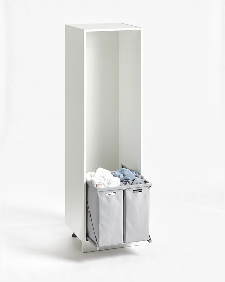 Witte kast van 60 cm zonder deur, met onderin een uittrekbare wasmand met twee manden vol wasgoed, half uitgetrokken.
