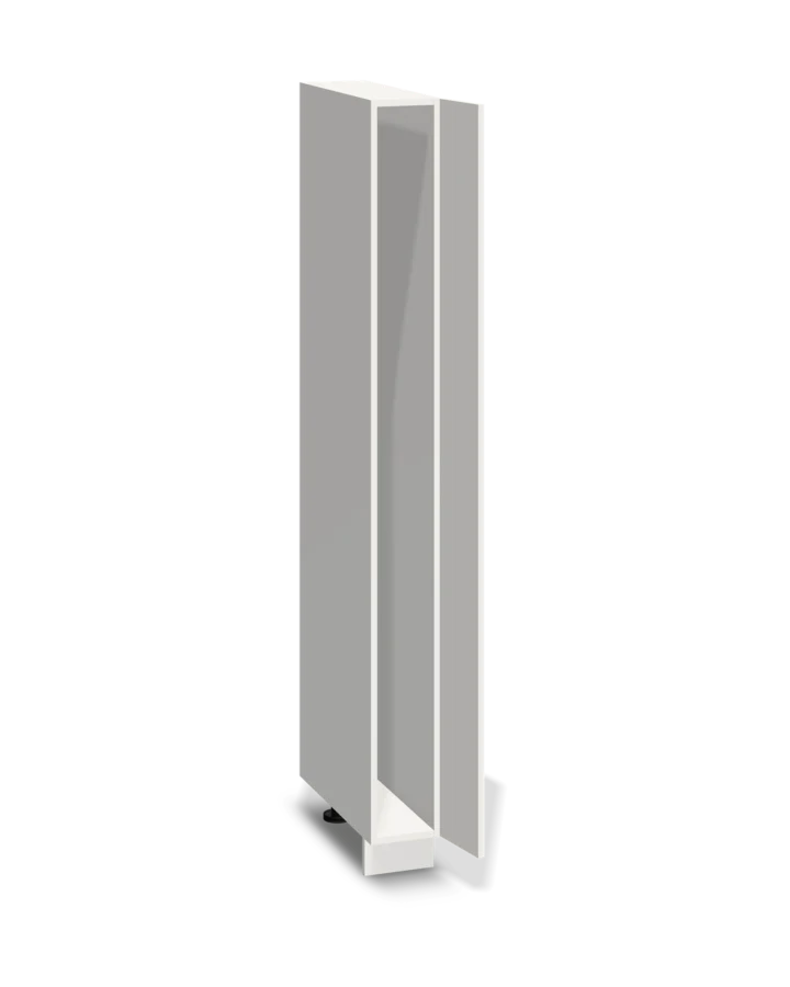 Witte kast van 20 cm breed en 210 cm hoog op een plint, met de deur open en leeg vanbinnen.