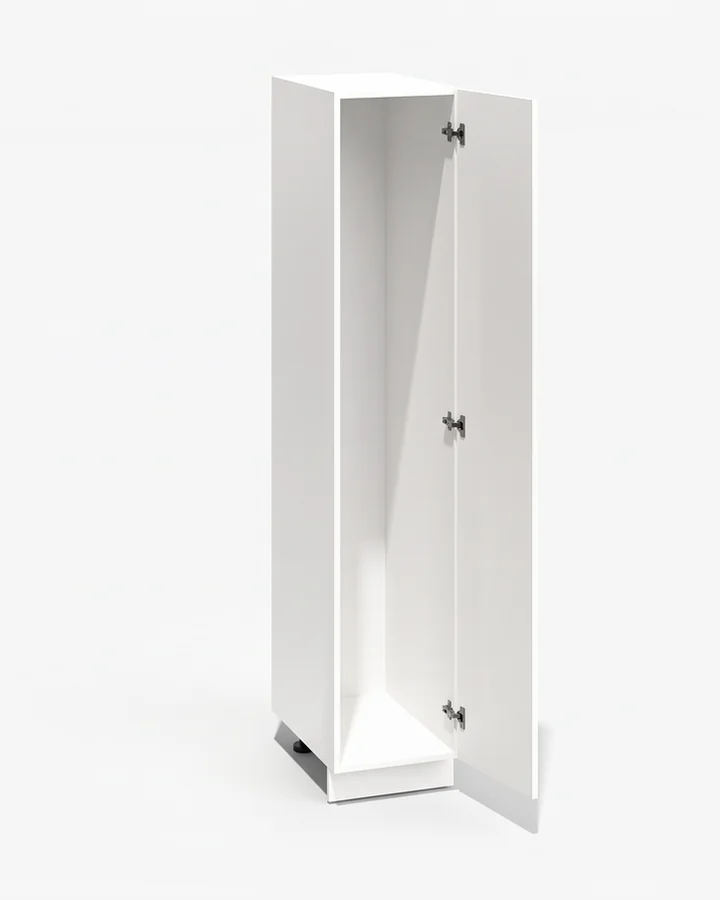Witte kast van 40 cm breed en 210 cm hoog op een plint, met de deur open en leeg vanbinnen.
