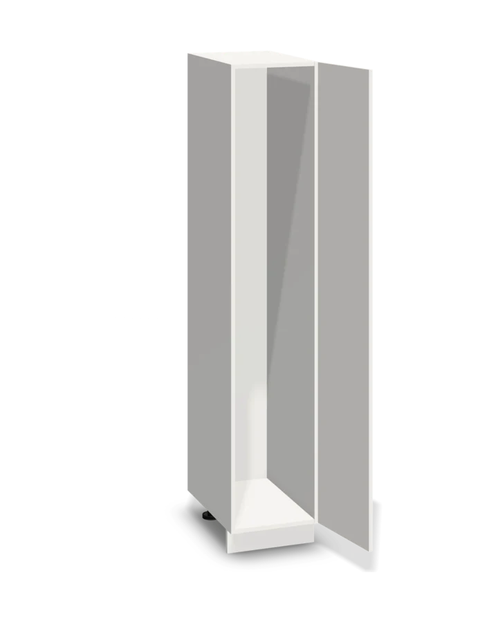 Witte kast van 40 cm breed en 210 cm hoog op een plint, met de deur open en leeg vanbinnen.