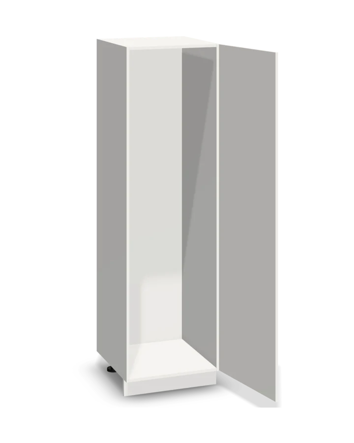 Witte kast van 60 cm breed en 210 cm hoog op een plint, met de deur open en leeg vanbinnen.