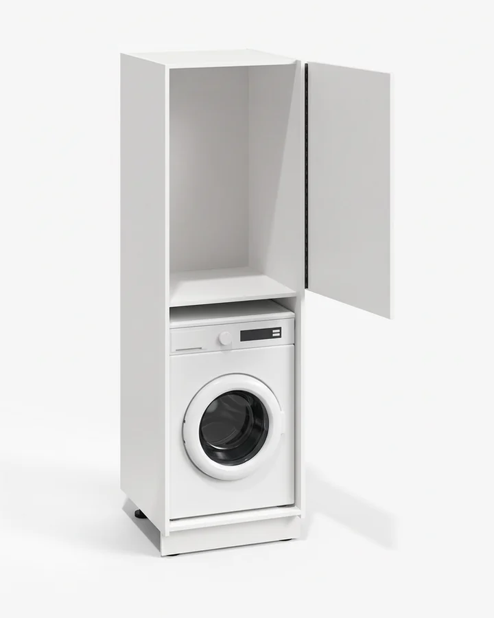 Witte wasmachinekast van 65 cm breed en 210 cm hoog, met een wasmachine in het open vak onderin, een vast schap erboven en de deur daarboven open.