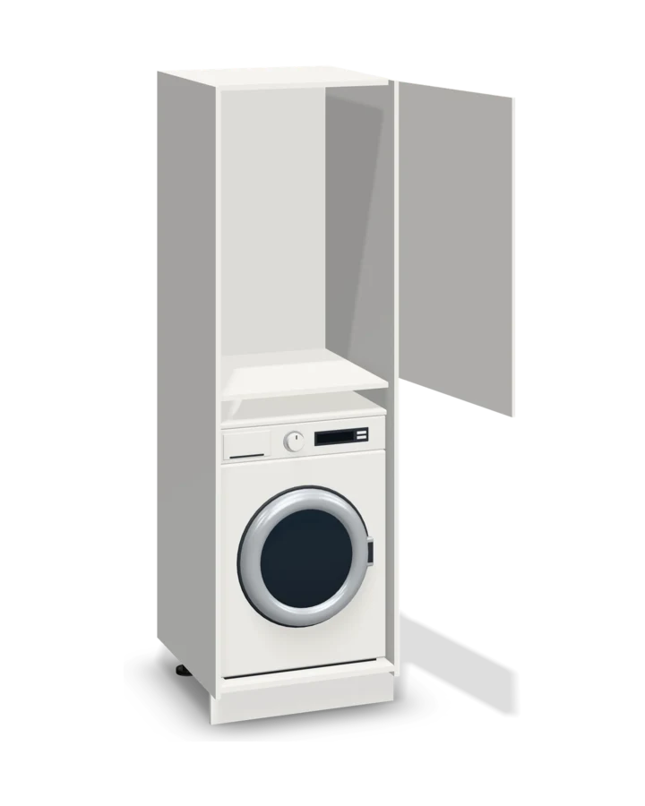 Witte wasmachinekast van 65 cm breed en 210 cm hoog, met een wasmachine in het open vak onderin, een vast schap erboven en de deur daarboven open.