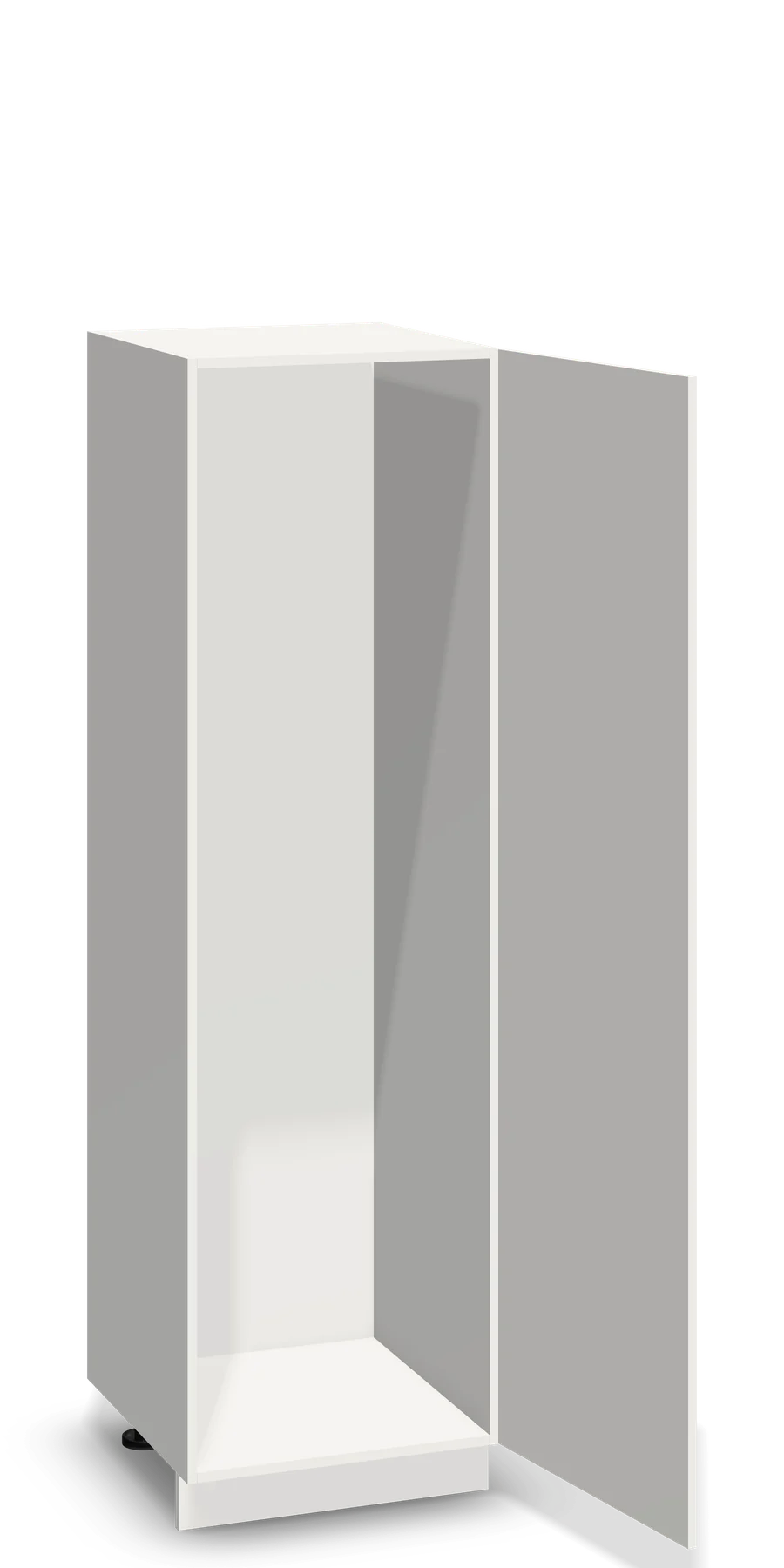 Witte kast van 60 cm breed en 210 cm hoog op een plint, met de deur open en leeg vanbinnen.