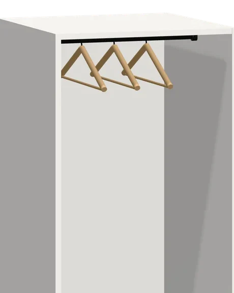 Zwarte roede bovenin een witte kast, met drie kleerhangers eraan.