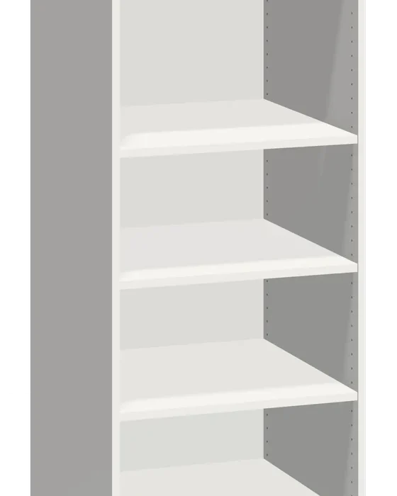 Verstelbare schappen in een witte kast, met de gaatjesrijen voor de planksteunen.