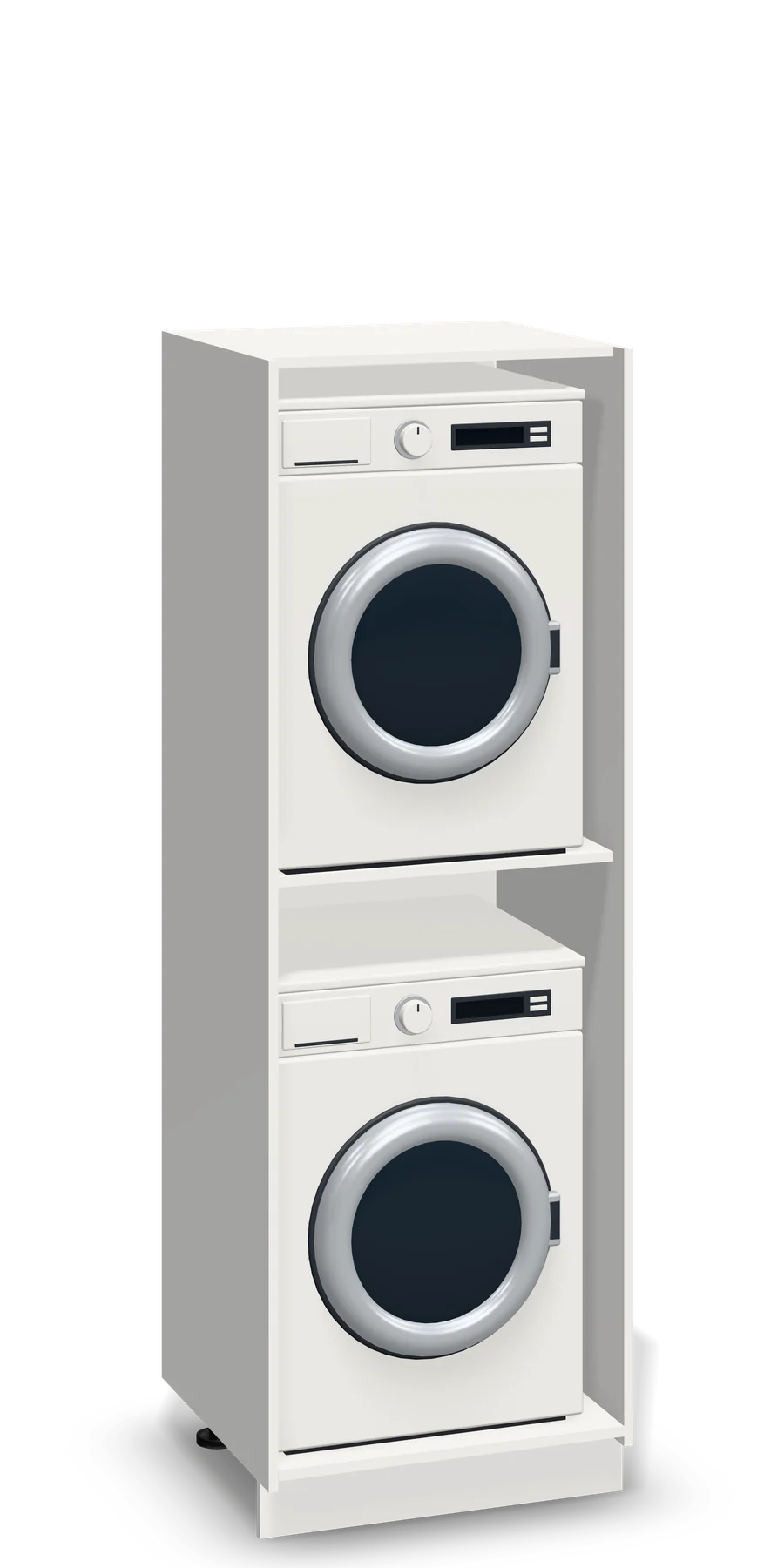 Witte wasmachinekast van 70 cm breed met een wasmachine en een droger boven elkaar.