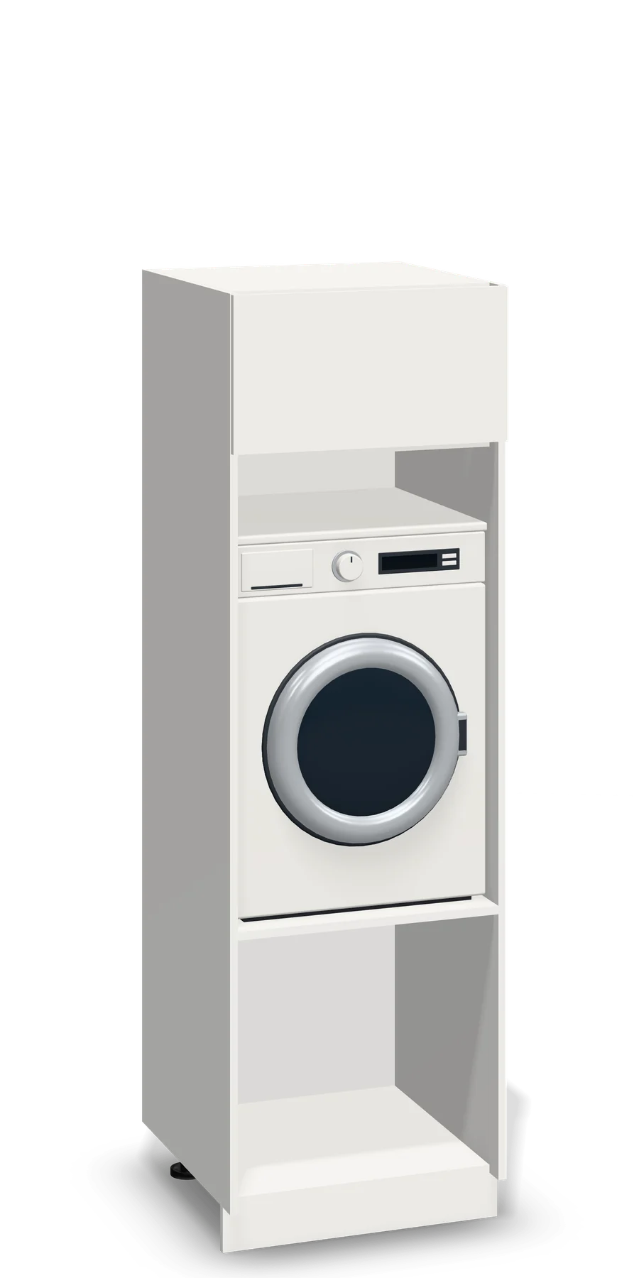 Witte wasmachinekast van 65 cm met de machine op sta-hoogte, een open vak eronder en een front erboven.