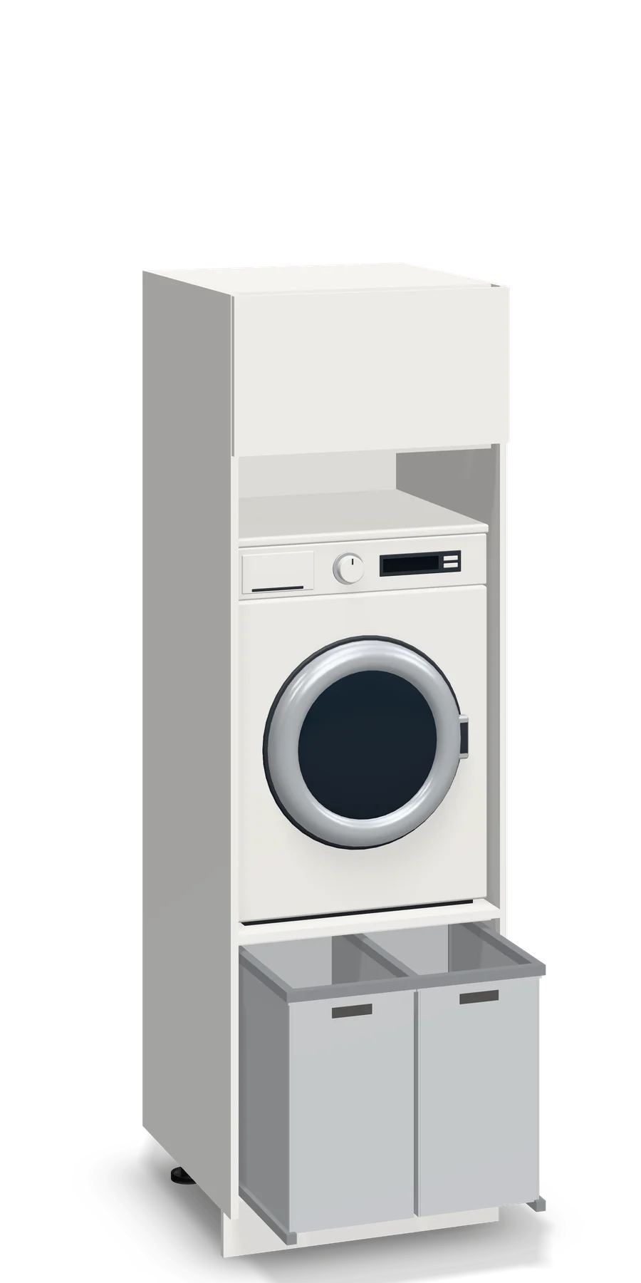 Witte wasmachinekast van 65 cm met de machine op sta-hoogte en daaronder een uittrekbare wasmand, half uitgetrokken.