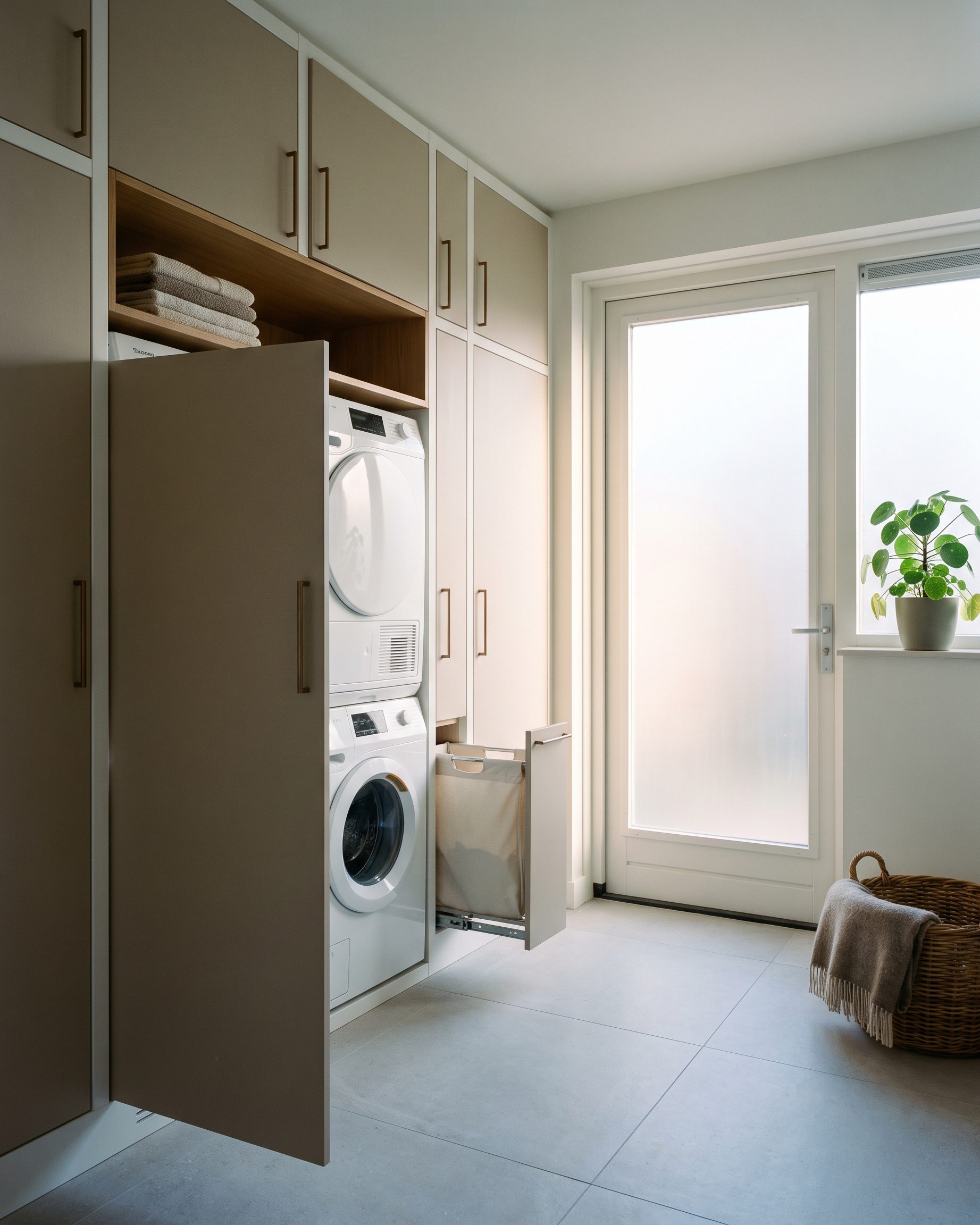 Bijkeuken met een kastenwand op maat; achter een open deur staan de wasmachine en droger gestapeld.