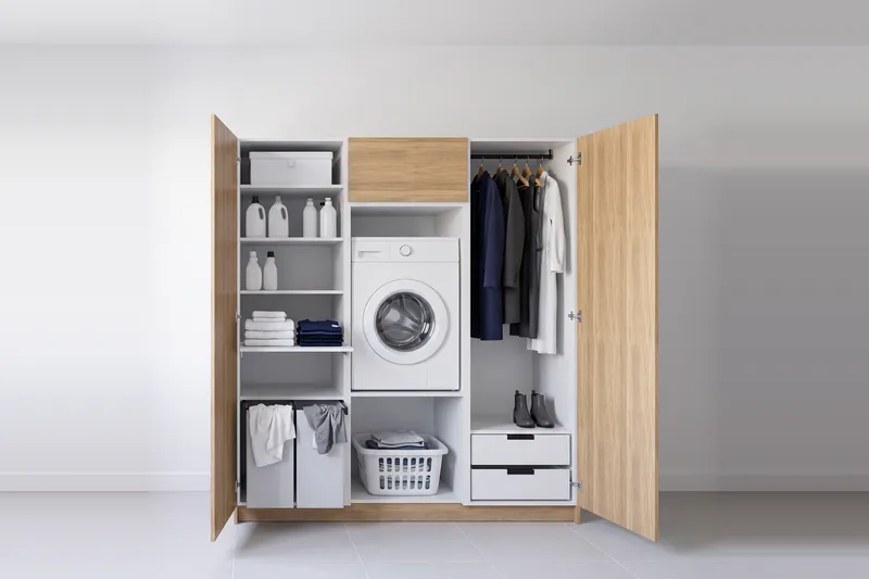 Impressie: wasmachinekast met twee kasten, 188,8 cm breed en 210 cm hoog, fronten in naturel eiken, met deuren open.