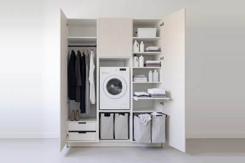Impressie: wasmachinekast met twee kasten, 188,8 cm breed en 250 cm hoog, fronten in structuur, met deuren open.