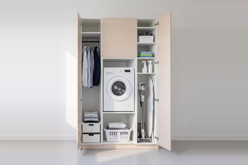 Impressie: wasmachinekast met twee kasten, 148,8 cm breed en 250 cm hoog, fronten in zandkleur, met deuren open.