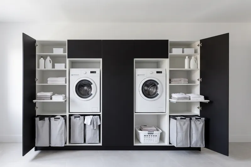 Impressie: twee wasmachinekasten met drie kasten, 314 cm breed en 210 cm hoog, fronten in zwart, met deuren open.