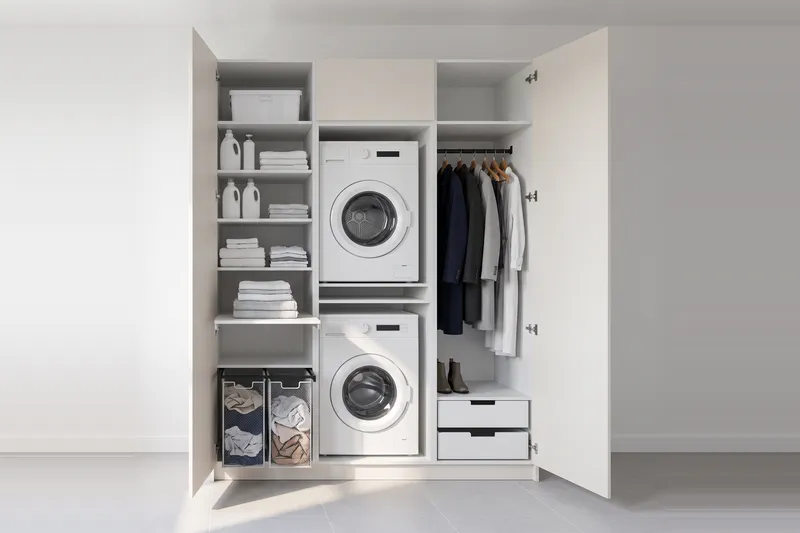 Impressie: wasmachinekast met twee kasten, 193,8 cm breed en 250 cm hoog, fronten in wit, met deuren open.