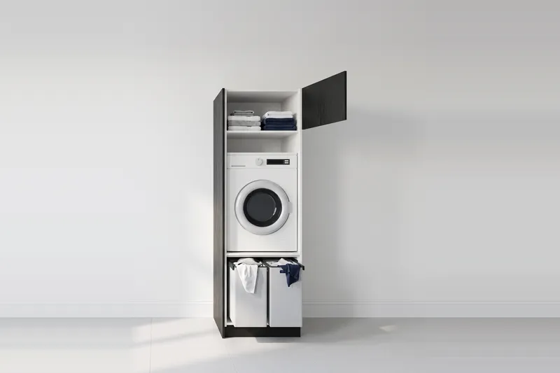 Impressie: wasmachinekast, 68,6 cm breed en 210 cm hoog, fronten in zwart eiken, met deuren open.