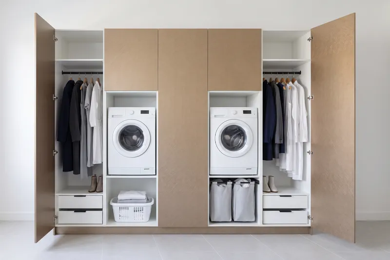 Impressie: twee wasmachinekasten met drie kasten, 314 cm breed en 250 cm hoog, fronten in brons, met deuren open.