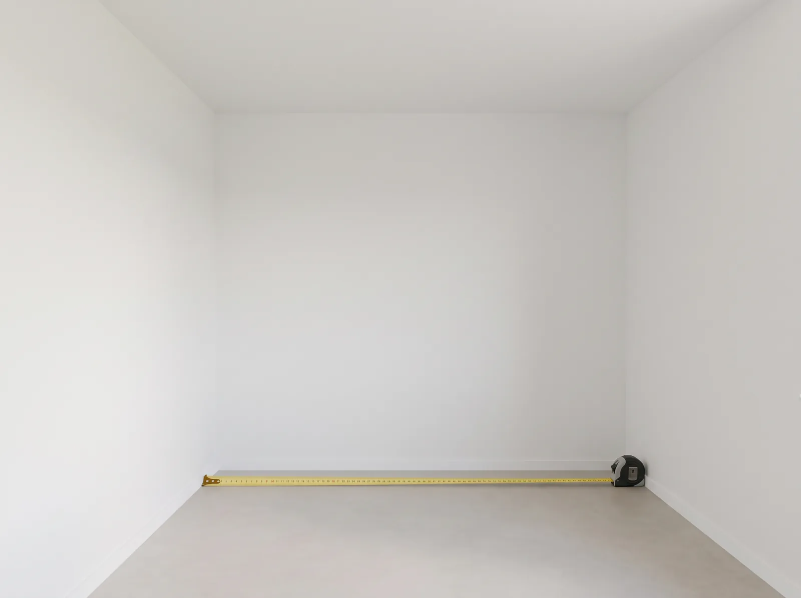 Een lege nis met een rolmaat op de vloer, en de drie breedtes onderin, halverwege en bovenin en de hoogte tot het plafond.